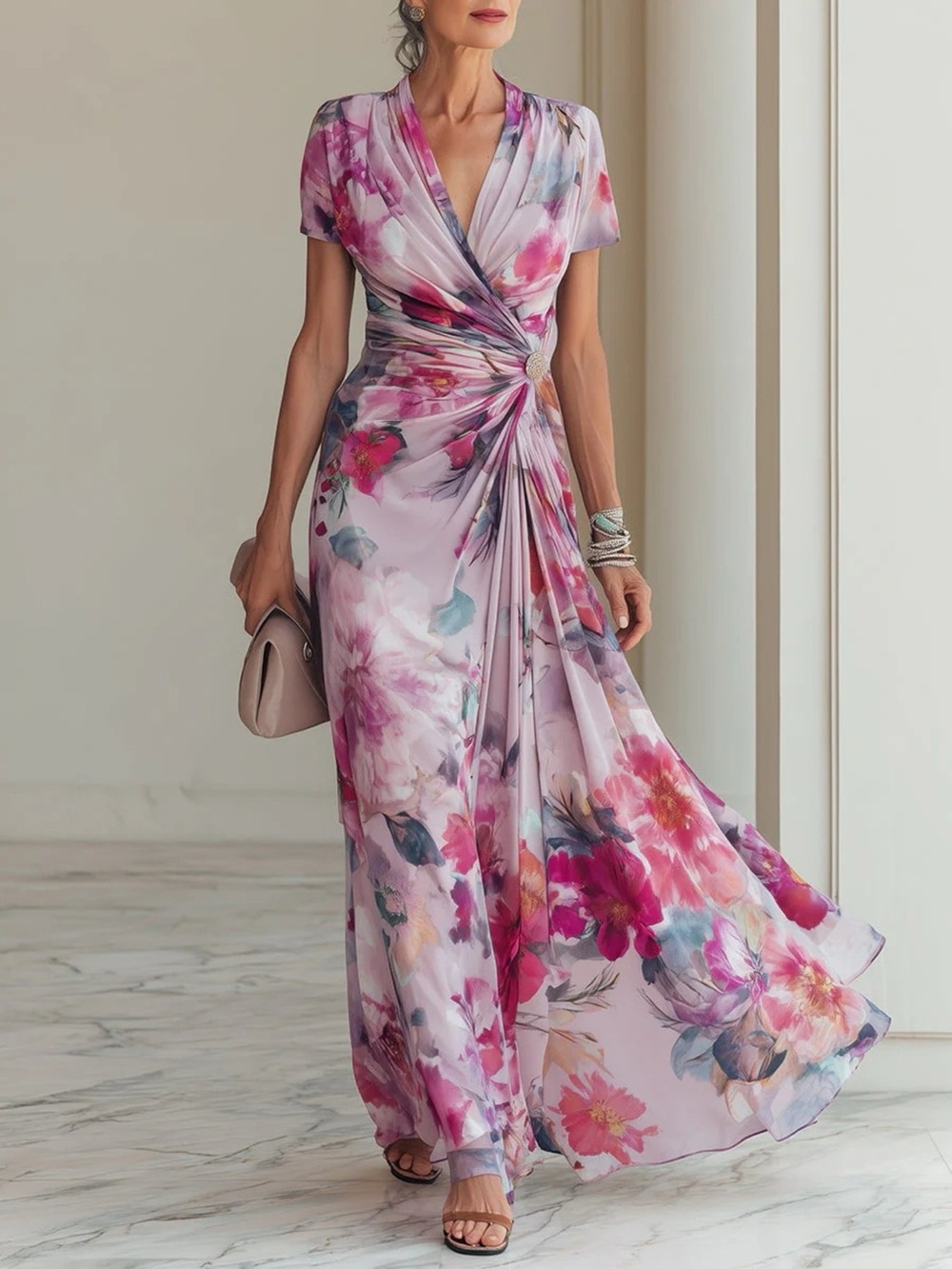 Floral Print Ruched Short Sleeve Maxi Dress